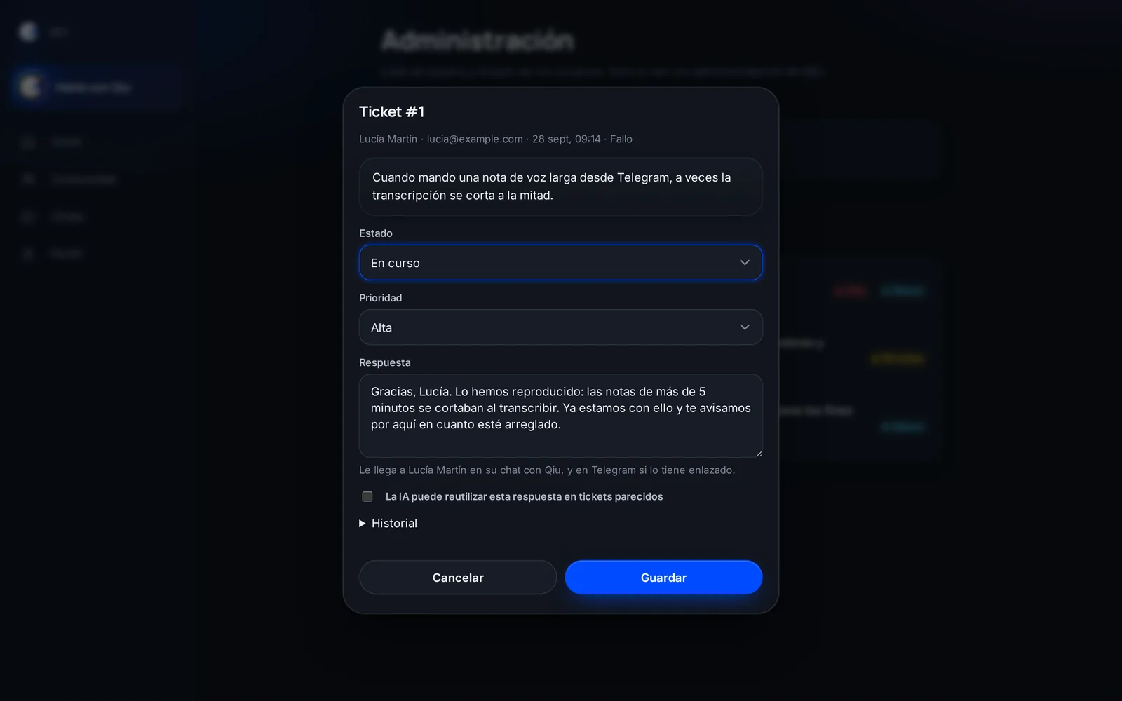 Captura en el ordenador: Respuestas del equipo en tu chat