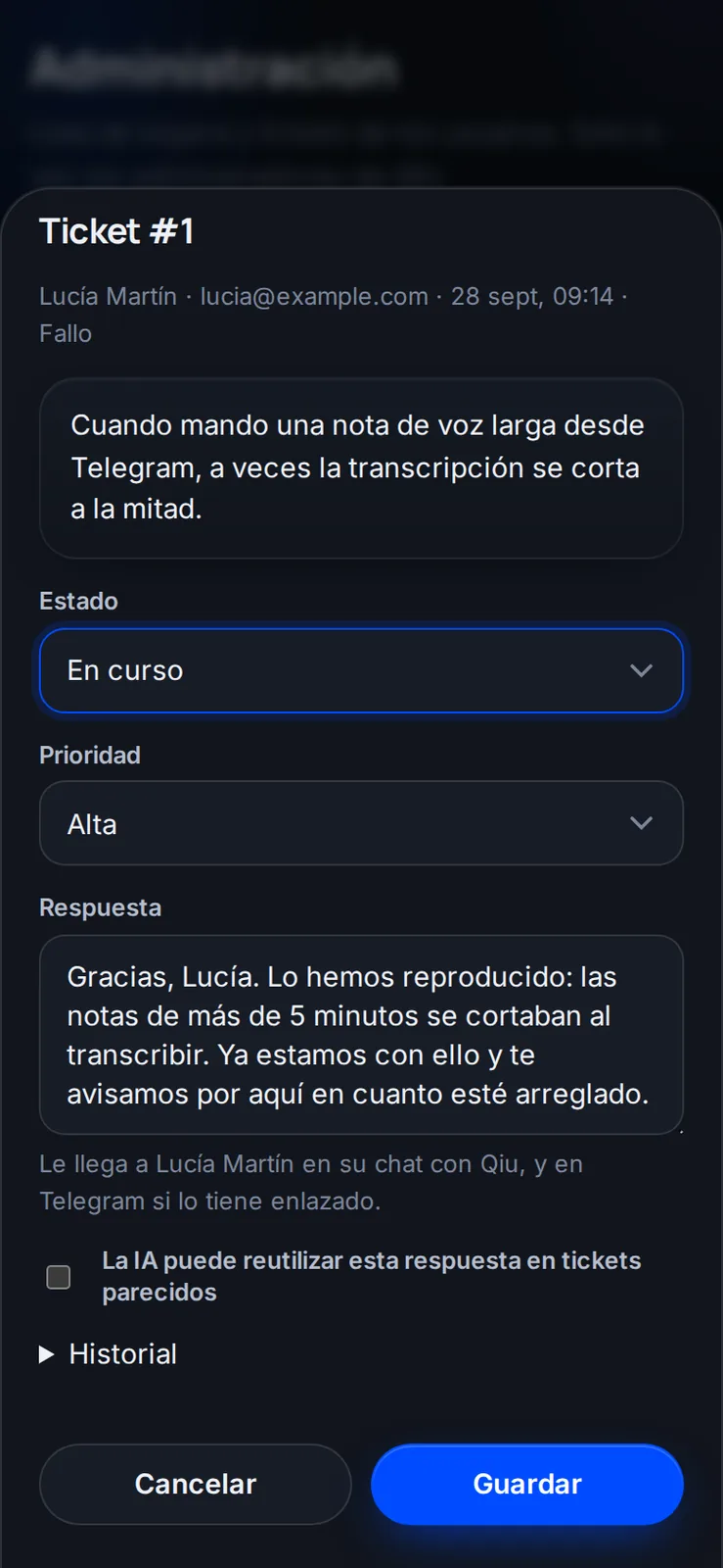 Captura en el móvil: Respuestas del equipo en tu chat