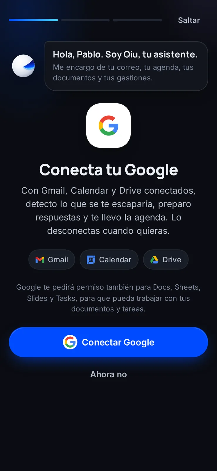 Captura en el móvil: Conecta Google en la bienvenida