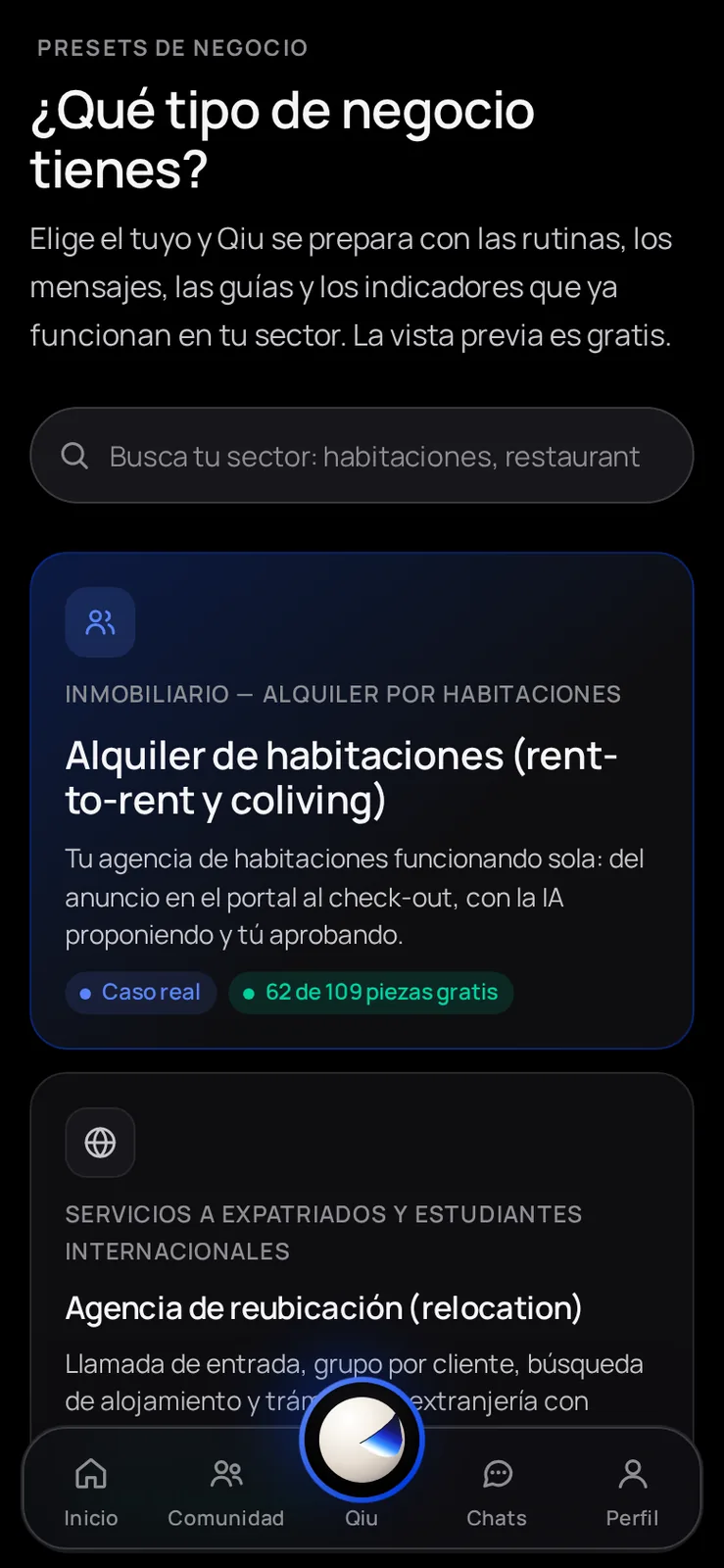 Captura en el móvil: «¿Qué tipo de negocio tienes?»